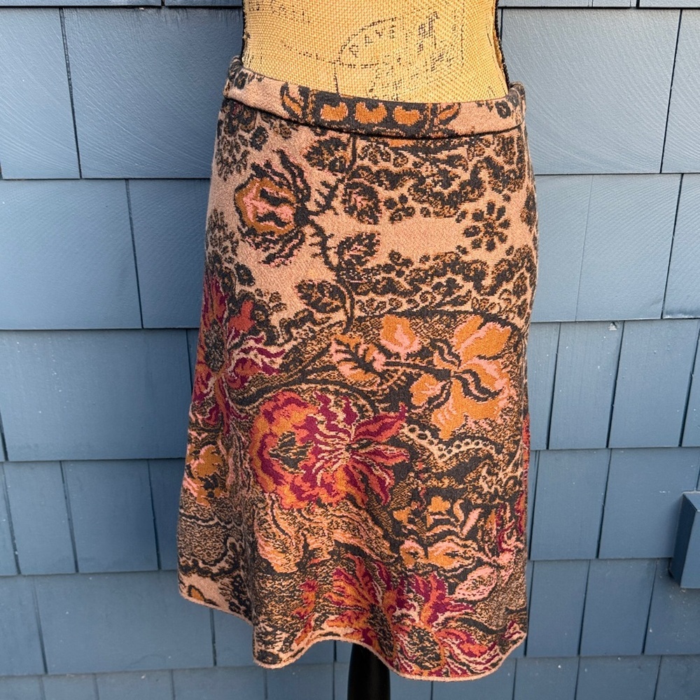 Floral Jacquard Knit A-Line Skirt in Peach and Pink alpaca knit